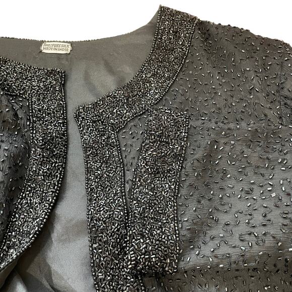 Vintage Black 100% Silk Beaded Collarless Long Sleeves Lined Jacket Size M/L - Picture 8 of 12